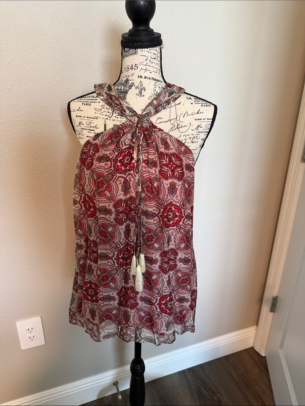 Ramy Brook Red Paisley Halter Camisole with Tassel Tie
